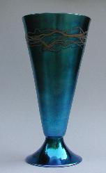 blue aurene decorated trumpet vase